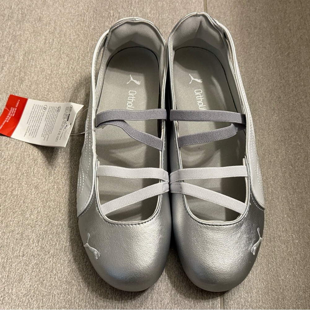 Puma Silver and White Ballet Flats with Elastic Straps - Picture 2 of 10